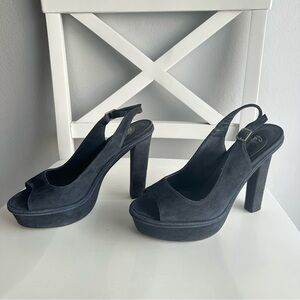 The Mode Collective collab Suede Leather Peep Toe Slingback Platform Heels Navy